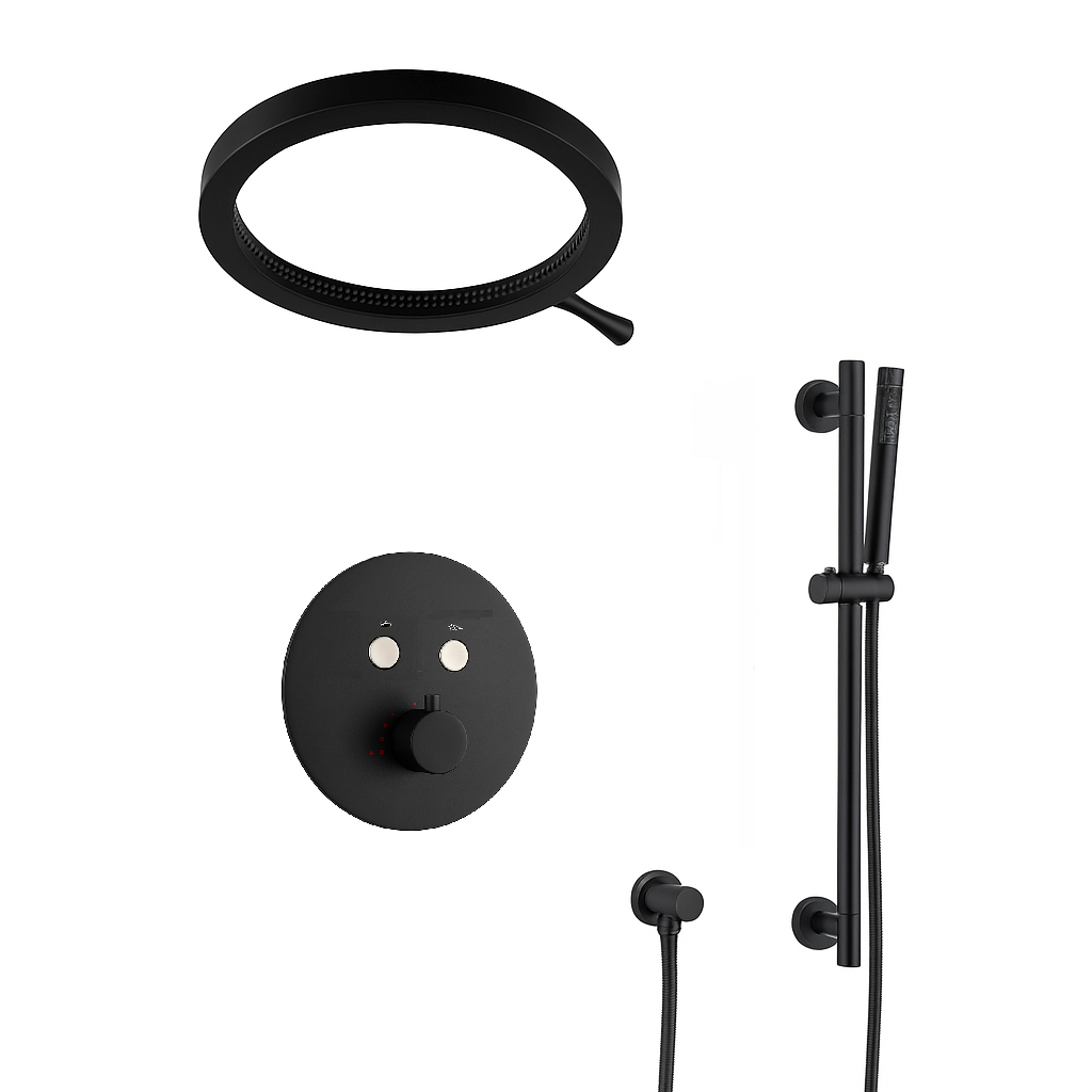 MAX Faucets Thermostatic Shower System with Luxury Round Shower Head, Push-Button Controls, Hand-Held Slide Bar, Pressure-Balance Valve & Scald Protection – Matte Black YM-RW8222THSB-MB