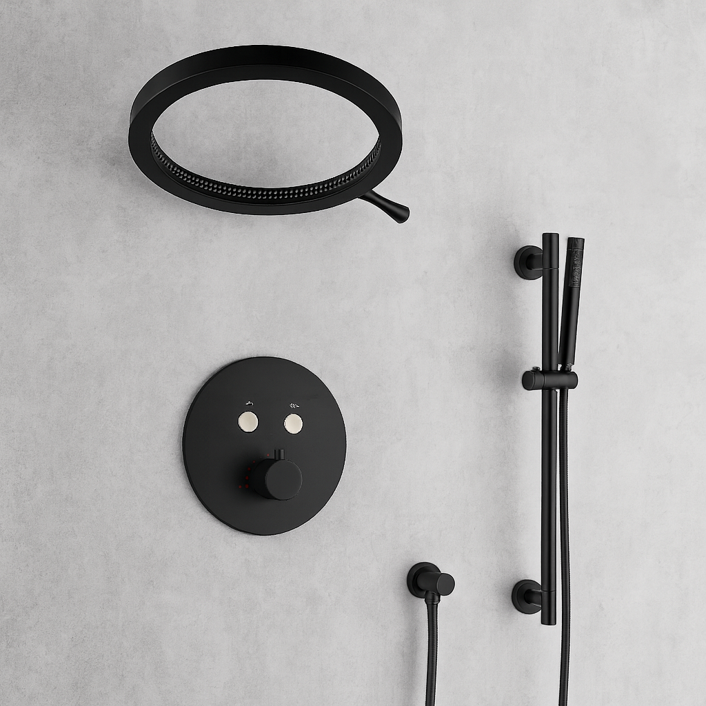 MAX Faucets Thermostatic Shower System with Luxury Round Shower Head, Push-Button Controls & Pressure-Balance Valve – Matte Black YM-RW8222THSB-MB