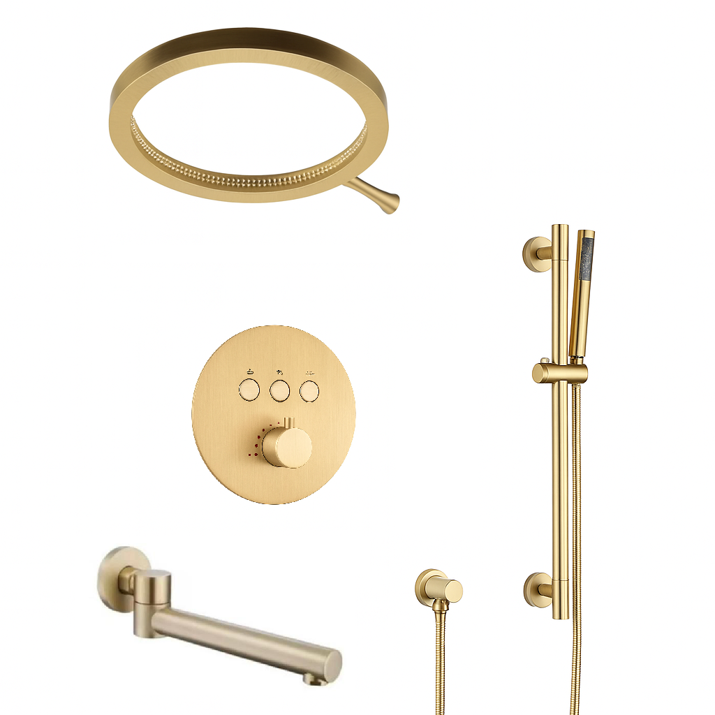MAX Faucets Thermostatic Shower System with Luxury Round Shower Head, Push-Button Controls, Pressure-Balance Valve & Round Swirling Water Spout – Brushed Gold YM-RW8333THSB-BG