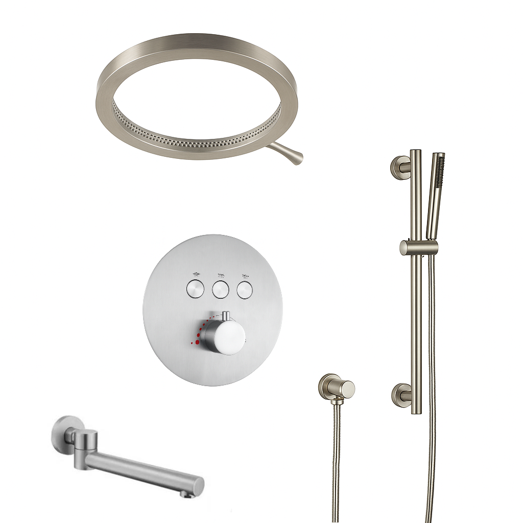 MAX Faucets Thermostatic Shower System with Luxury Round Shower Head, Push-Button Controls, Pressure-Balance Valve & Round Swirling Water Spout – Brushed Nickel YM-RW8333THSB-BN