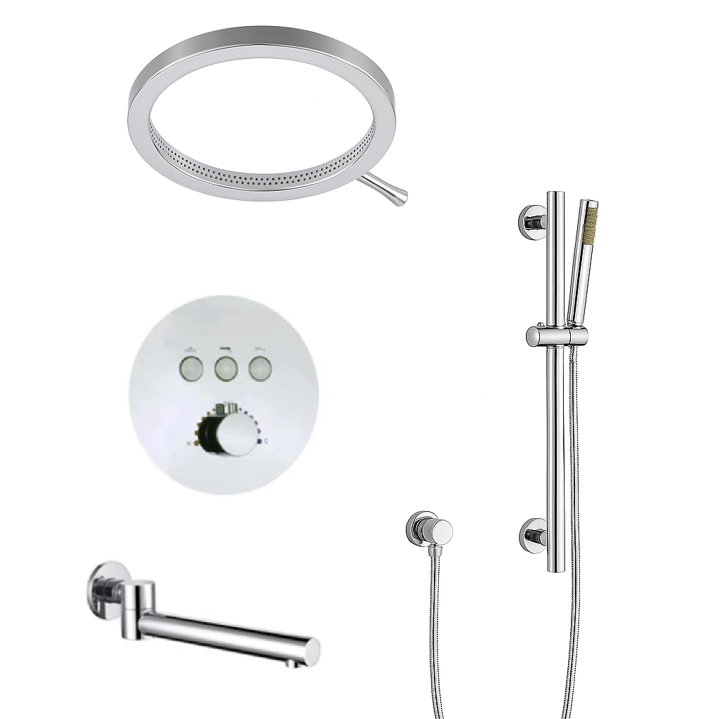 MAX Faucets Thermostatic Shower System with Luxury Round Shower Head, Push-Button Controls, Pressure-Balance Valve & Round Swirling Water Spout – Chrome YM-RW8333THSB-C
