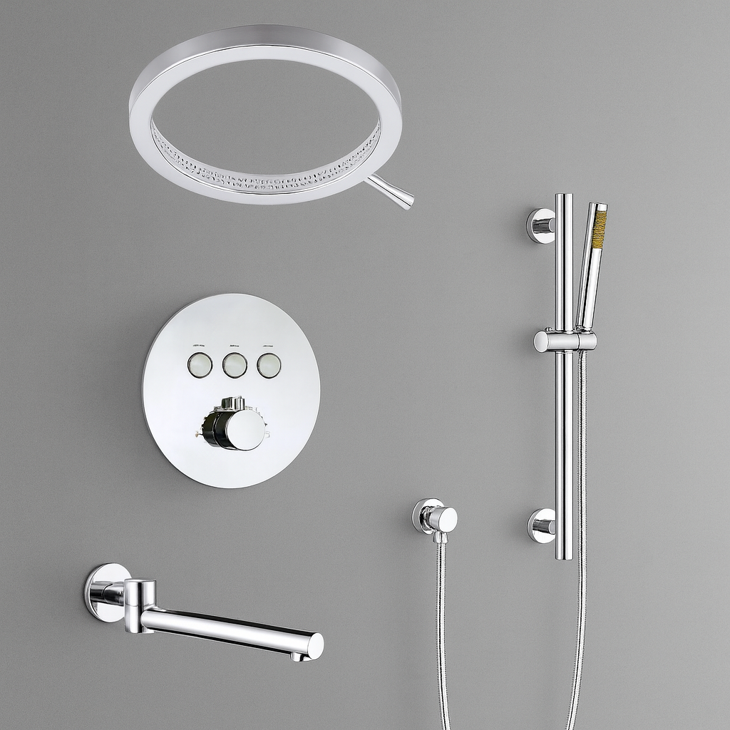 MAX Faucets Thermostatic Shower System with Luxury Round Shower Head, Push-Button Controls, Pressure-Balance Valve & Round Swirling Water Spout – Chrome YM-RW8333THSB-C