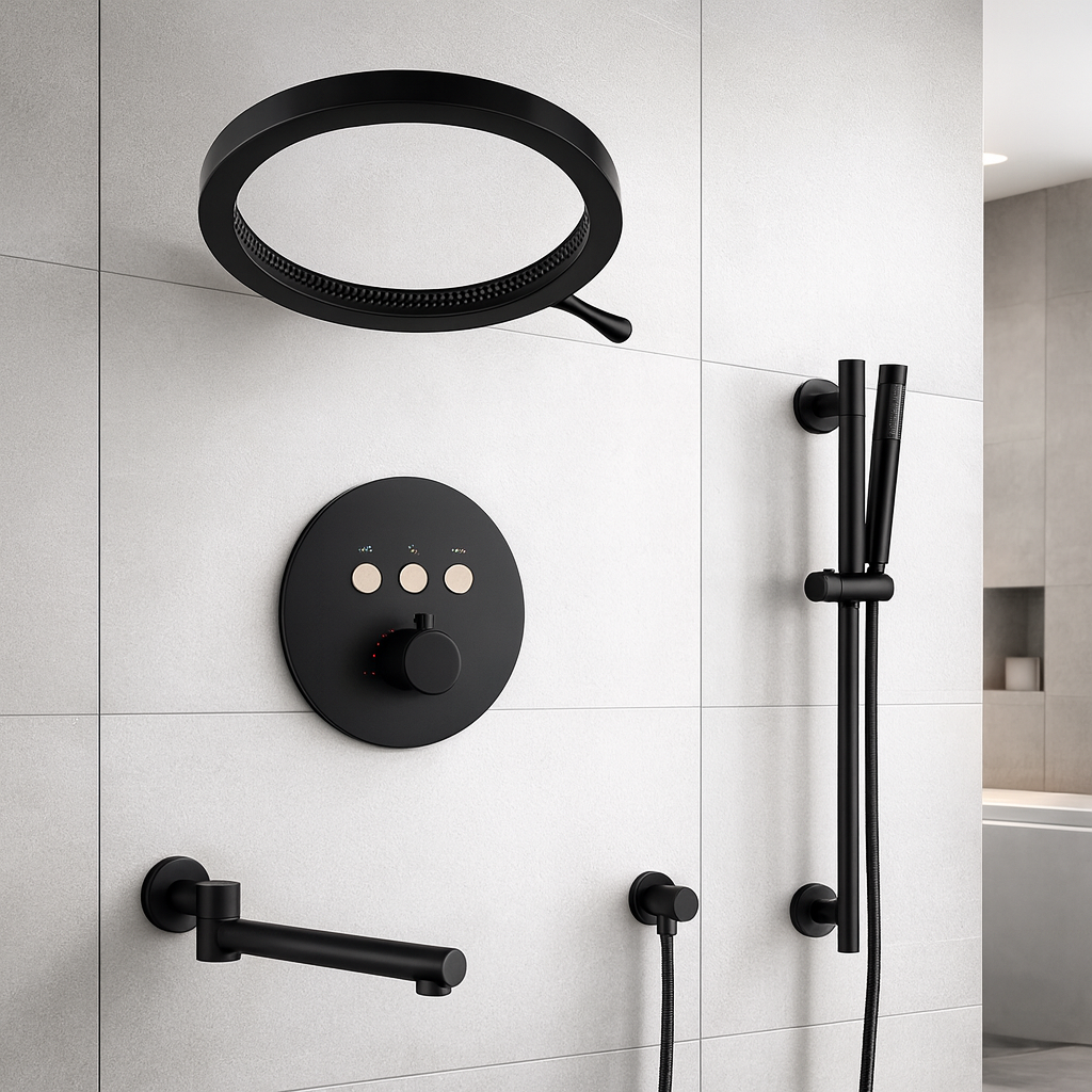 MAX Faucets Thermostatic Shower System with Luxury Round Shower Head, Push-Button Controls, Pressure-Balance Valve & Round Swirling Water Spout – Matte Black YM-RW8333THSB-MB