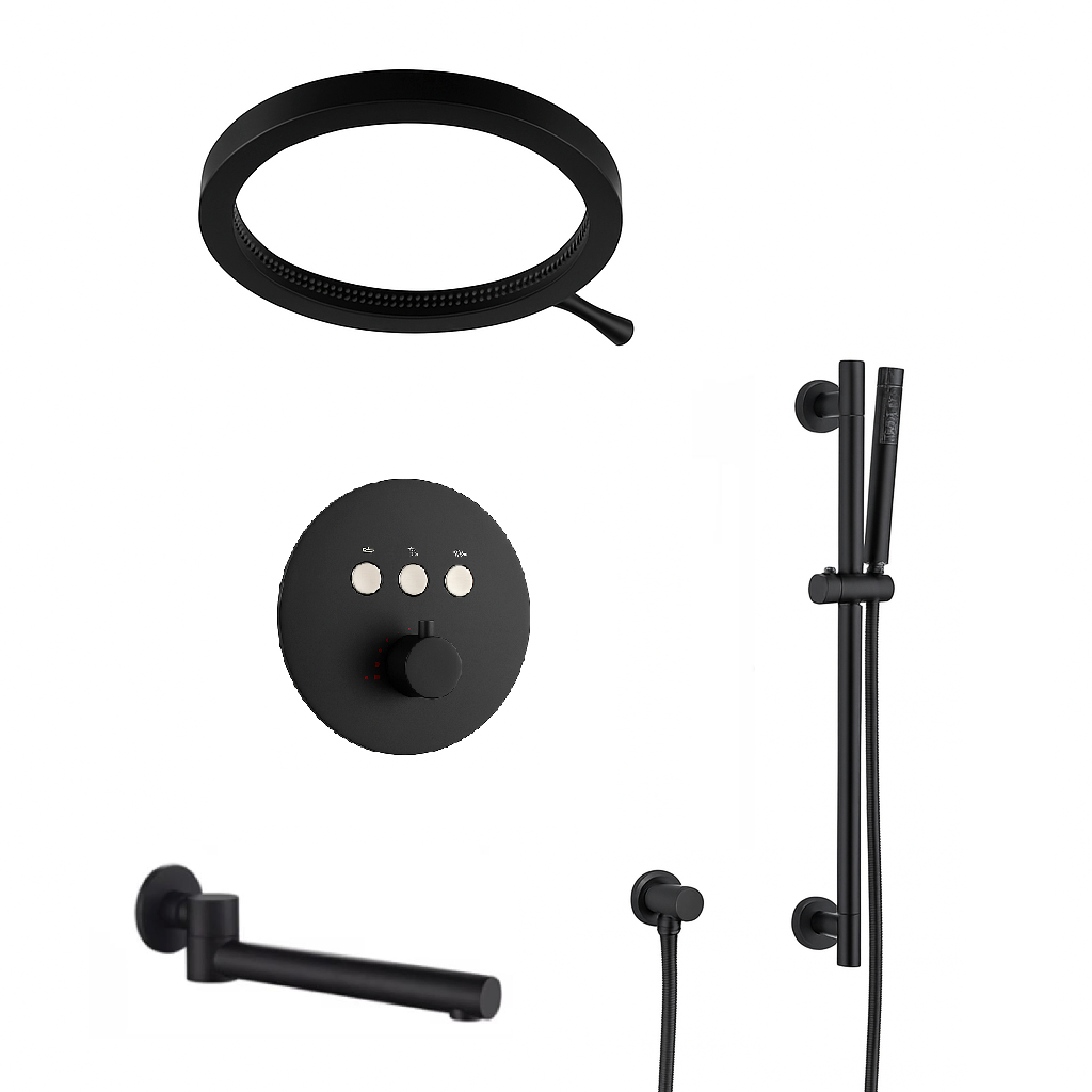 MAX Faucets Thermostatic Shower System with Luxury Round Shower Head, Push-Button Controls, Pressure-Balance Valve & Round Swirling Water Spout – Matte Black YM-RW8333THSB-MB