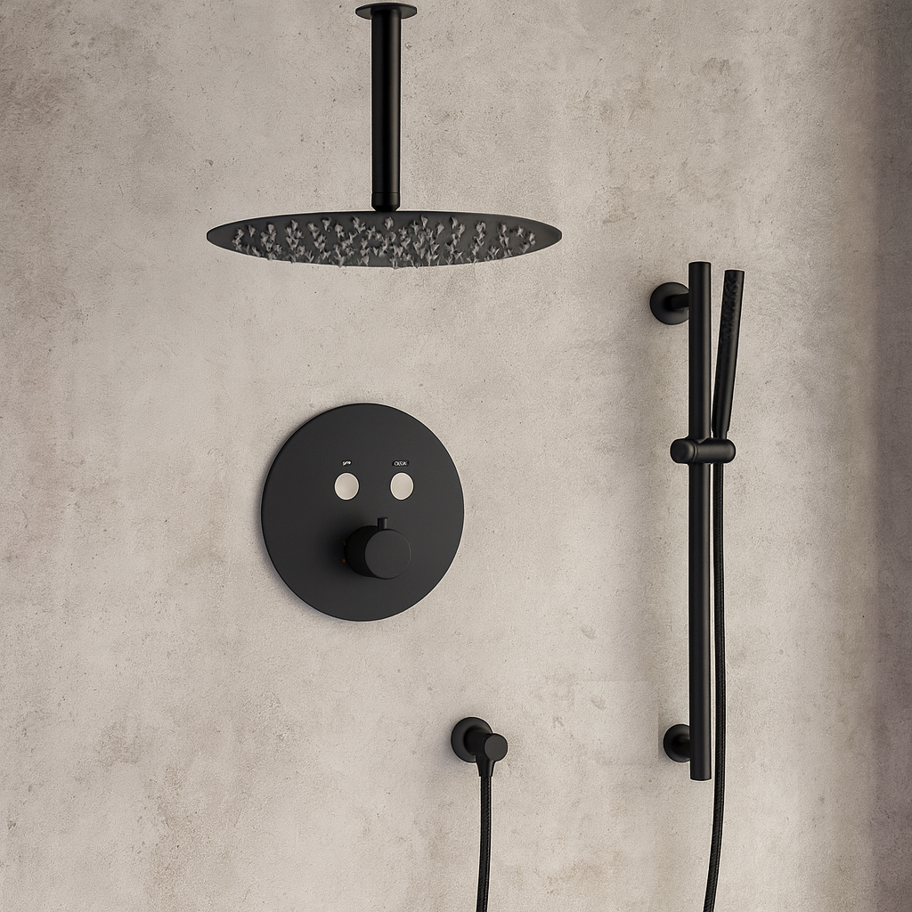 MAX Faucets Thermostatic Shower Valve – 2 Functions with Push Buttons, Handheld Slide Bar & Pressure-Balance Valve – Matte Black Finish – Ceiling-Mounted Round Shower Head YM-RC9022THSB-MB
