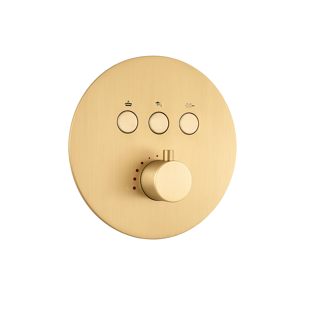 MAX Faucets Thermostatic Shower Valve – Three Functions Pressure-Balance Valve – Round Shower Head – Brushed Gold Finish 
