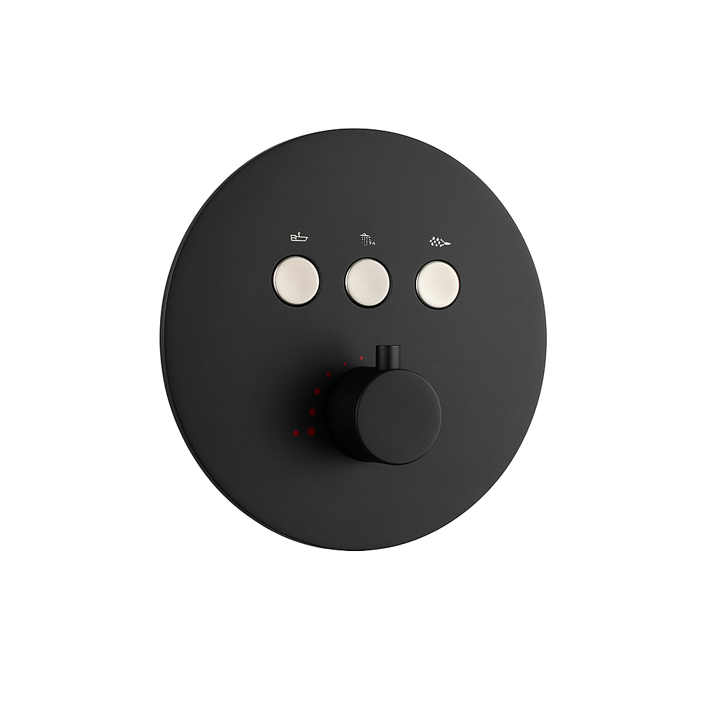 MAX Faucets Thermostatic Shower Valve – Three Functions With Push-Buttons  12” Round Shower Head – Matte Black Finish YM-RW5133TH-MB