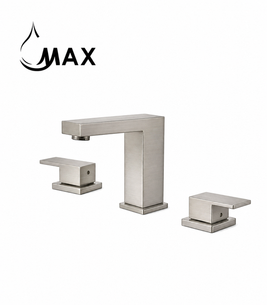 A modern three-hole bathroom faucet set in brushed nickel, featuring a square spout, a separate hot and cold handle, and a matching wall plate, shown on a white background with a black 'MAX' logo in the top left corner.