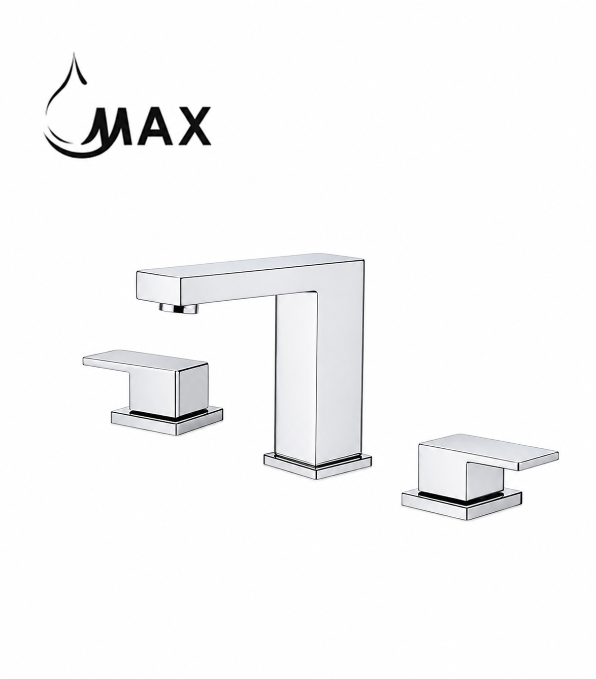 A modern chrome faucet with two separate handles and a rectangular spout, installed on a white marble sink. The background features a matching marble wall and a black circular mirror.