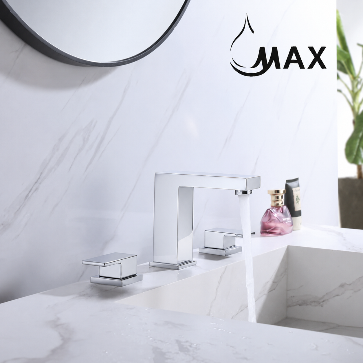 A modern chrome faucet with two separate handles and a rectangular spout, installed on a white marble sink. The background features a matching marble wall and a black circular mirror.