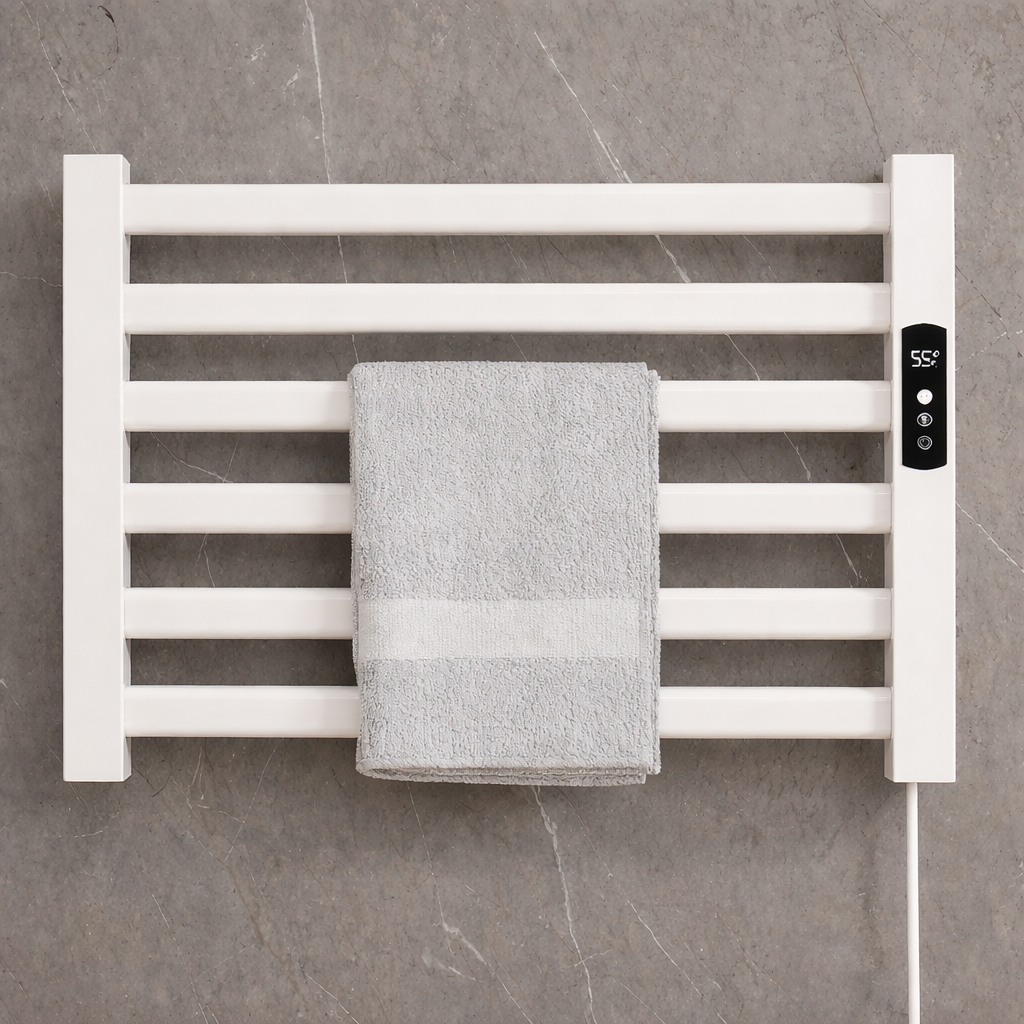 MAX Faucets 6-bar wall-mounted electric towel warmer rack in white with digital control panel, 500x450 mm