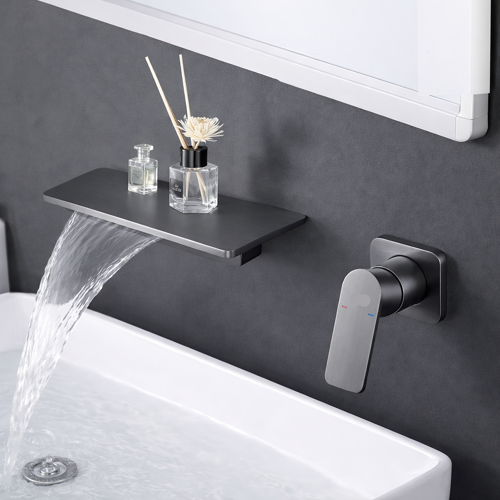 MAX Faucets | Wall Mounted Waterfall Bathroom Faucet – Gun Black Finish