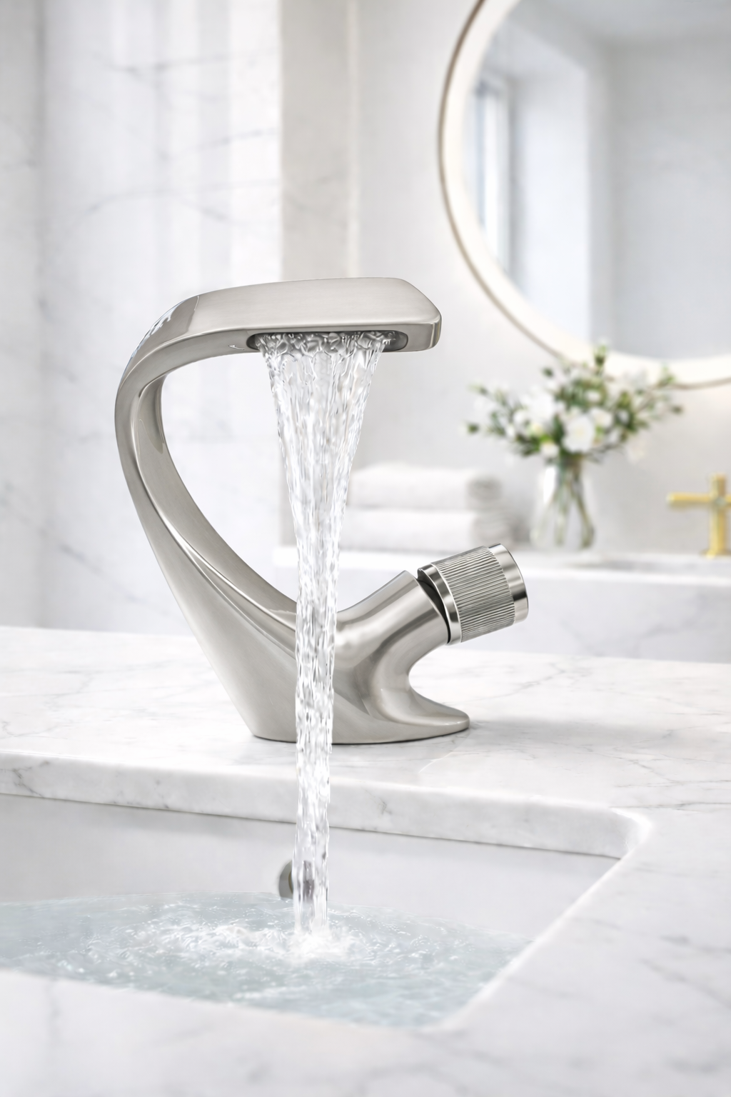 MAX Faucets® Waterfall Side Knob Bathroom Faucet – Brushed Nickel Contemporary Design