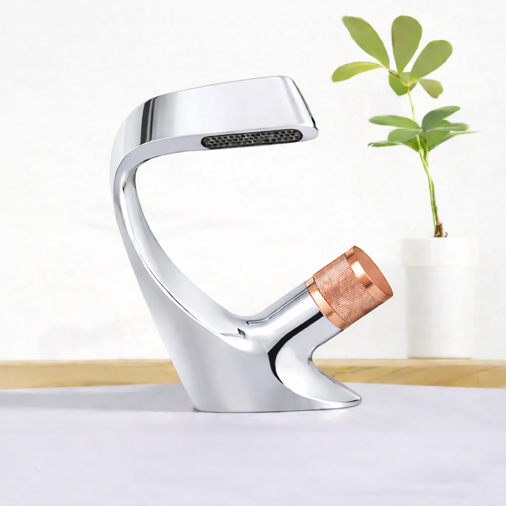 MAX Faucets® Waterfall Side Knob Bathroom Faucet – Chrome Body with Rose Gold Knob Contemporary Design