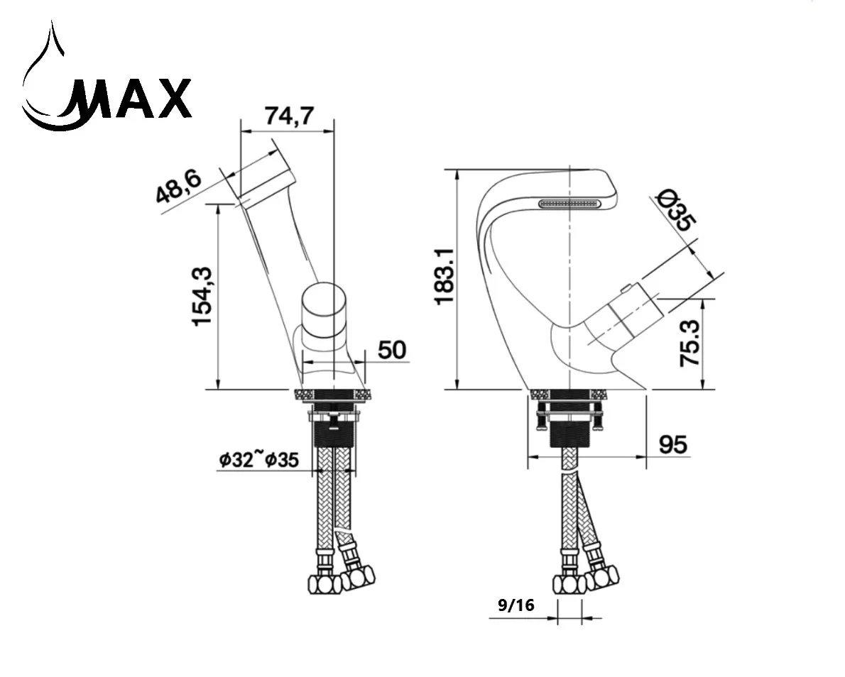 MAX Faucets Waterfall Side Knob Bathroom Faucet  Contemporary Design HM-WM123-Size
