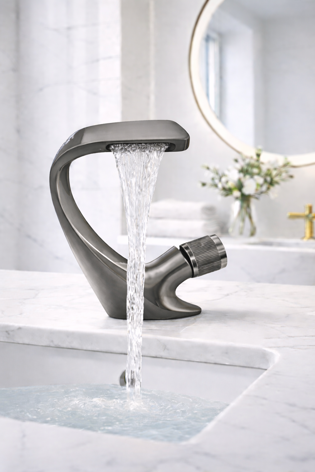 MAX Faucets® Waterfall Side Knob Bathroom Faucet – Gun Gray Contemporary Design