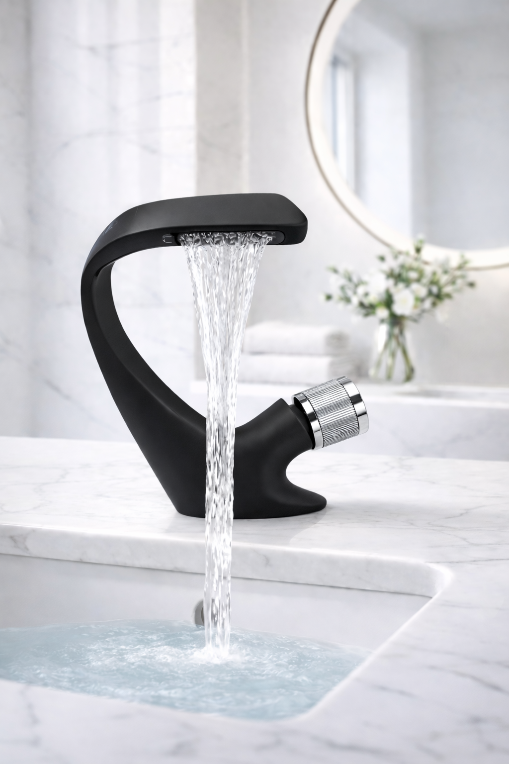 MAX Faucets® Waterfall Side Knob Bathroom Faucet – Matte Black Body with Chrome Knob