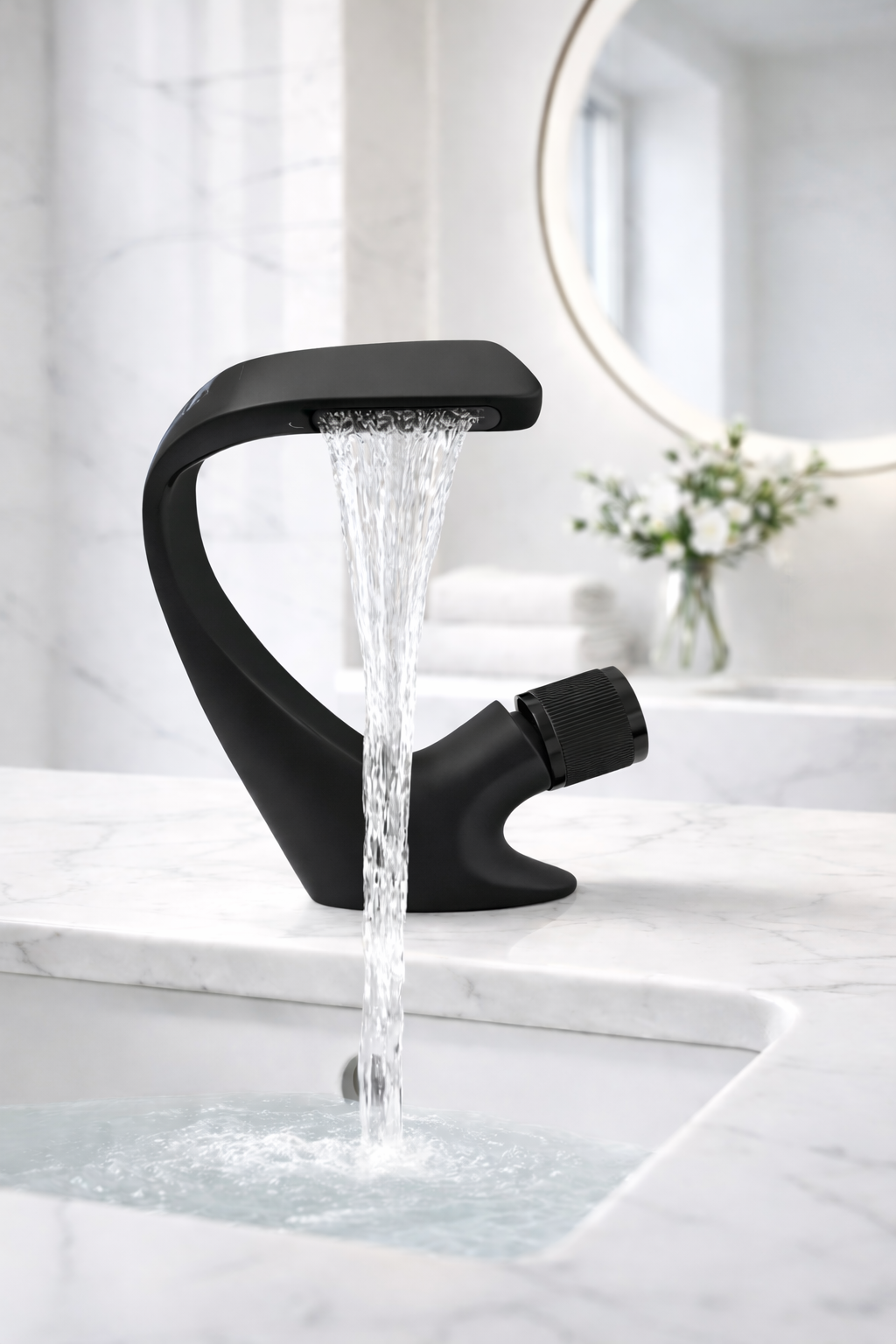 MAX Faucets® Waterfall Side Knob Bathroom Faucet – Matte Black Contemporary Design