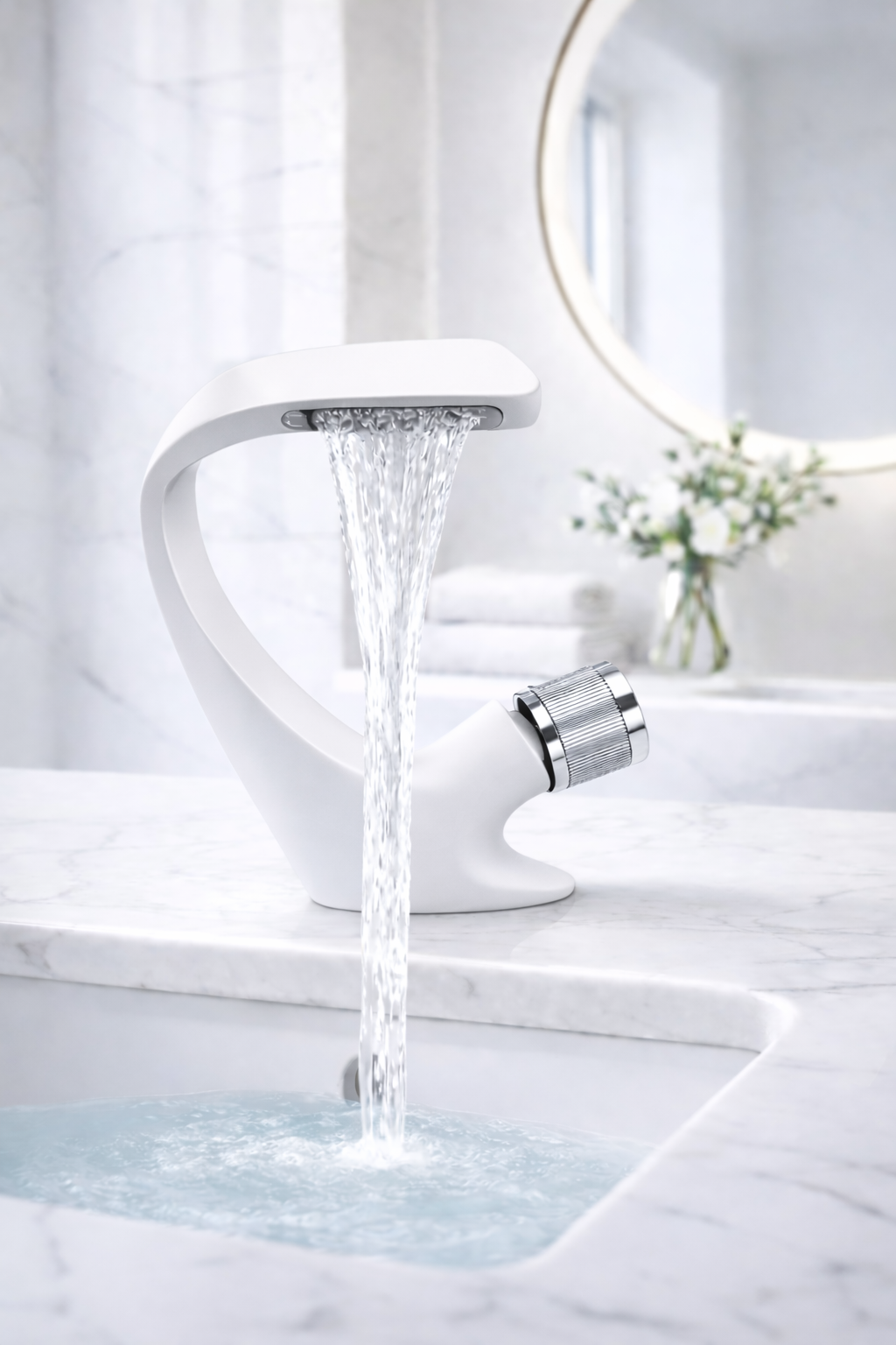 MAX Faucets® Waterfall Side Knob Bathroom Faucet – White Body with Chrome Knob