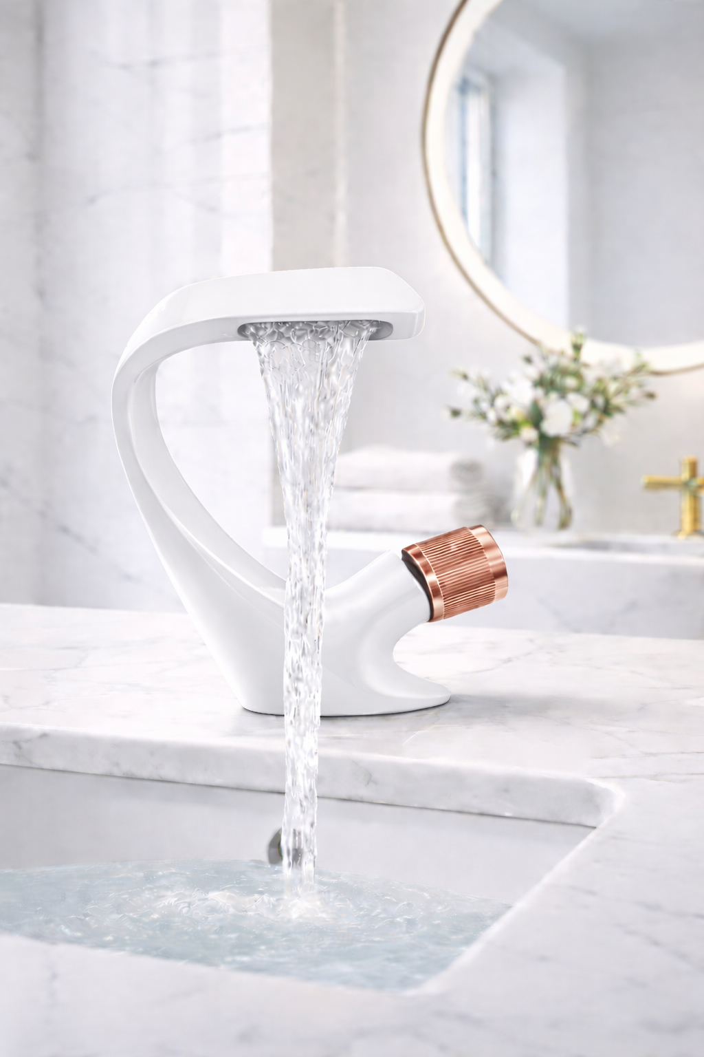 MAX Faucets® Waterfall Side Knob Bathroom Faucet – White Body with Rose Gold Knob