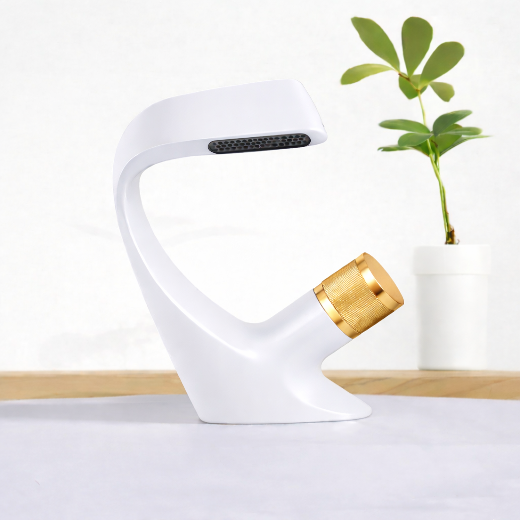 MAX Faucets® Waterfall Side Knob Bathroom Faucet – White Body with Shiny Gold Knob