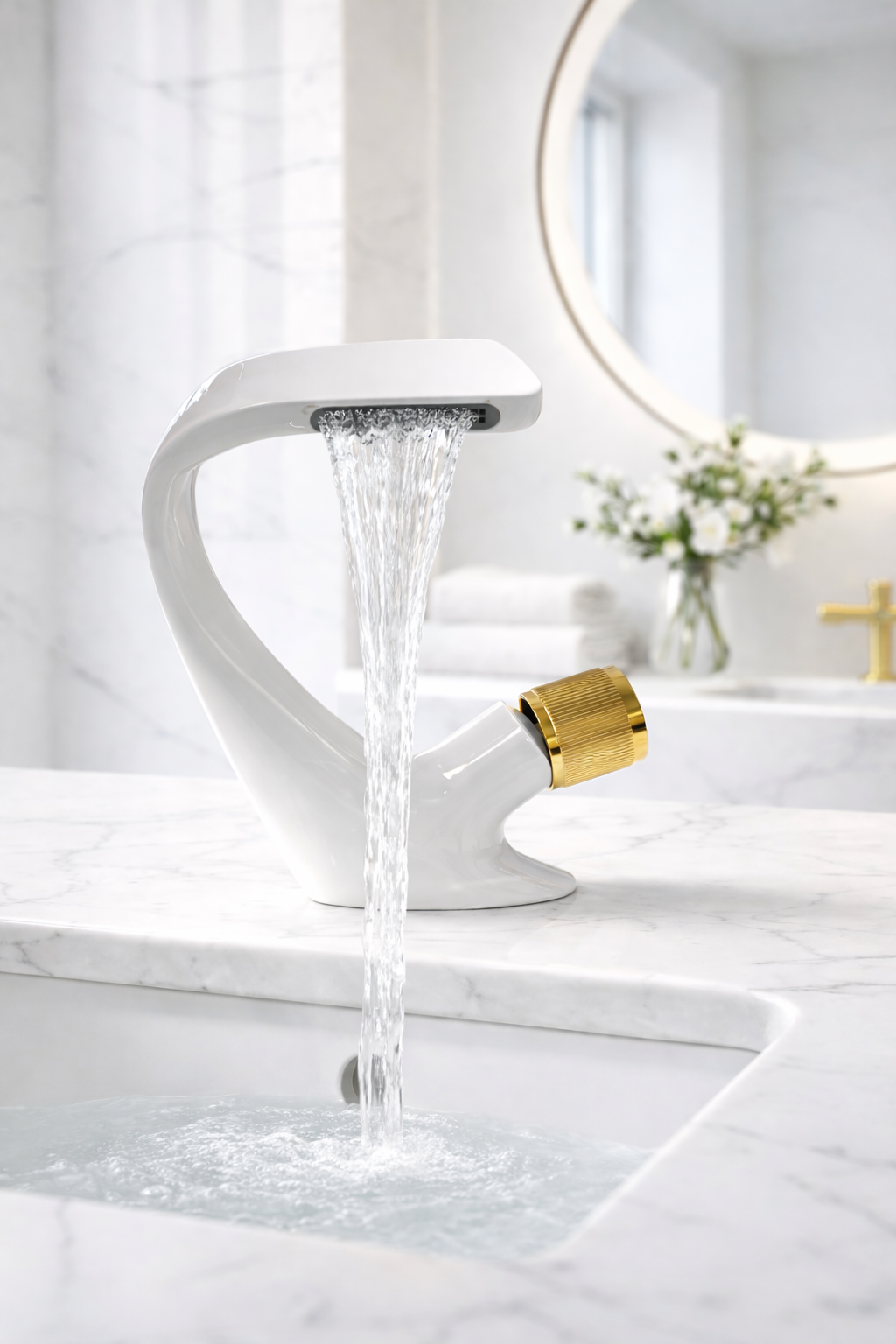 MAX Faucets® Waterfall Side Knob Bathroom Faucet – White Body with Shiny Gold Knob