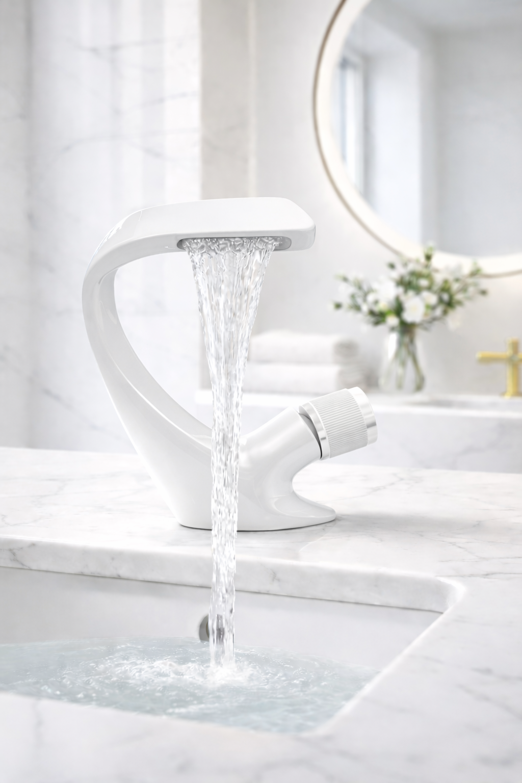 MAX Faucets® Waterfall Side Knob Bathroom Faucet – White Contemporary Design