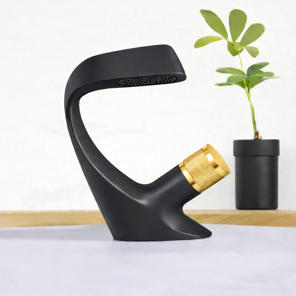  Waterfall Side Knob Bathroom Faucet, featuring a bold matte black body paired with a luxurious shiny gold side knob. 