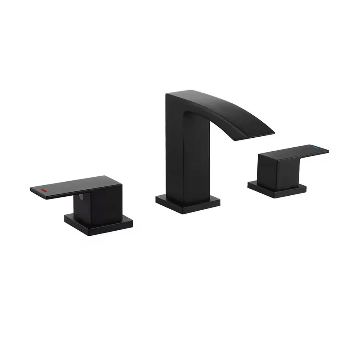Three-piece matte black bathroom faucet set with a curved spout and two matching handles, shown installed on a white sink with water flowing from the center spout against a light gray wall.
