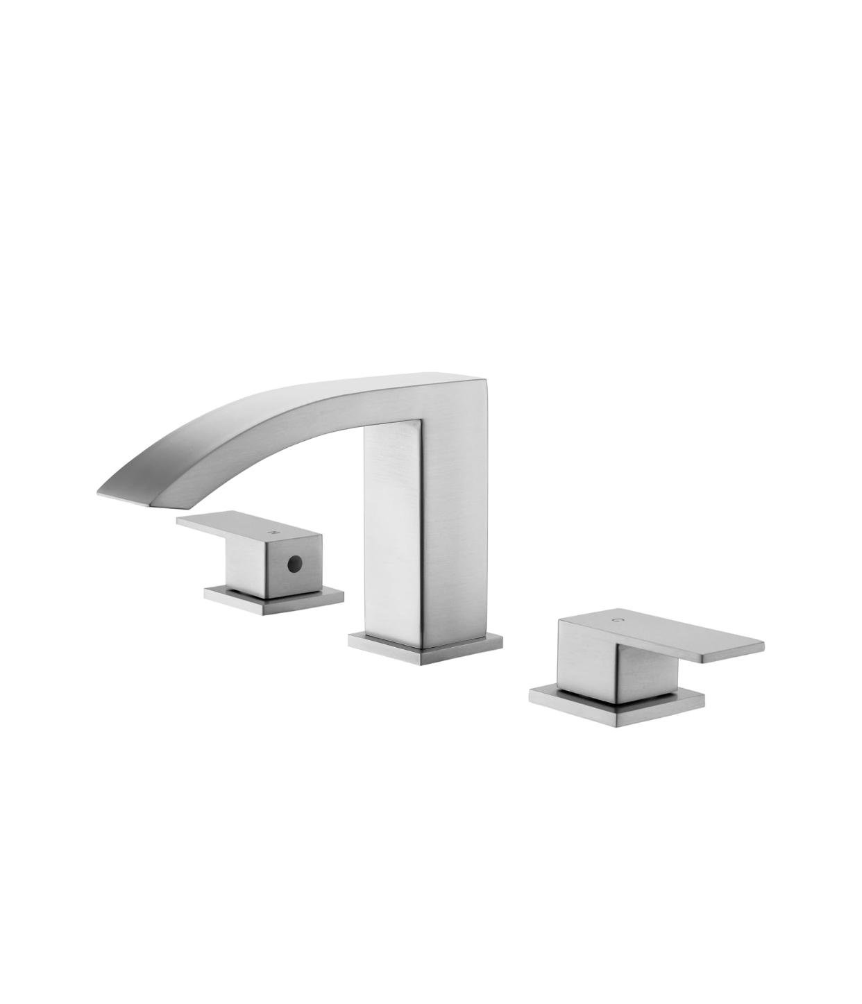 MAX Faucets Waterfall Two-Handle Widespread Bathroom Faucet in a sleek brushed nickel finish.