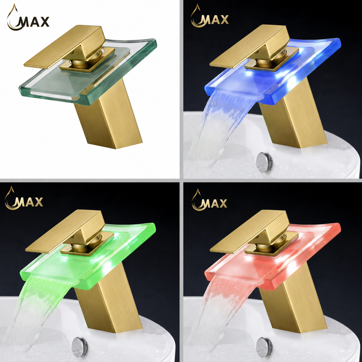 A modern waterfall bathroom faucet with a brushed gold finish and integrated blue LED lighting, shown installed on a sink with water flowing. The brand MAX is visible in the top left corner.