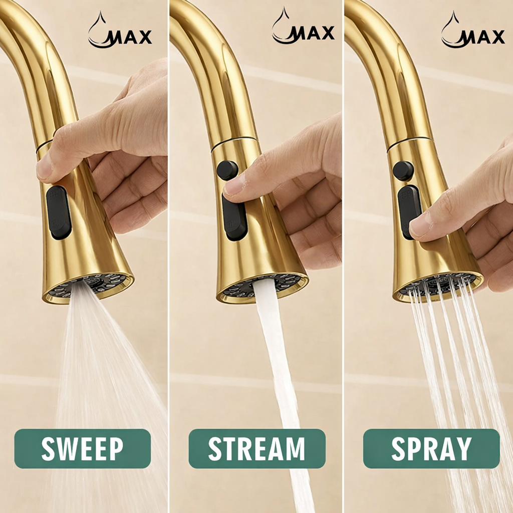 MAX Faucets brushed gold replacement kitchen faucet head 3 function spray stream sweep M-RNS1303-BG