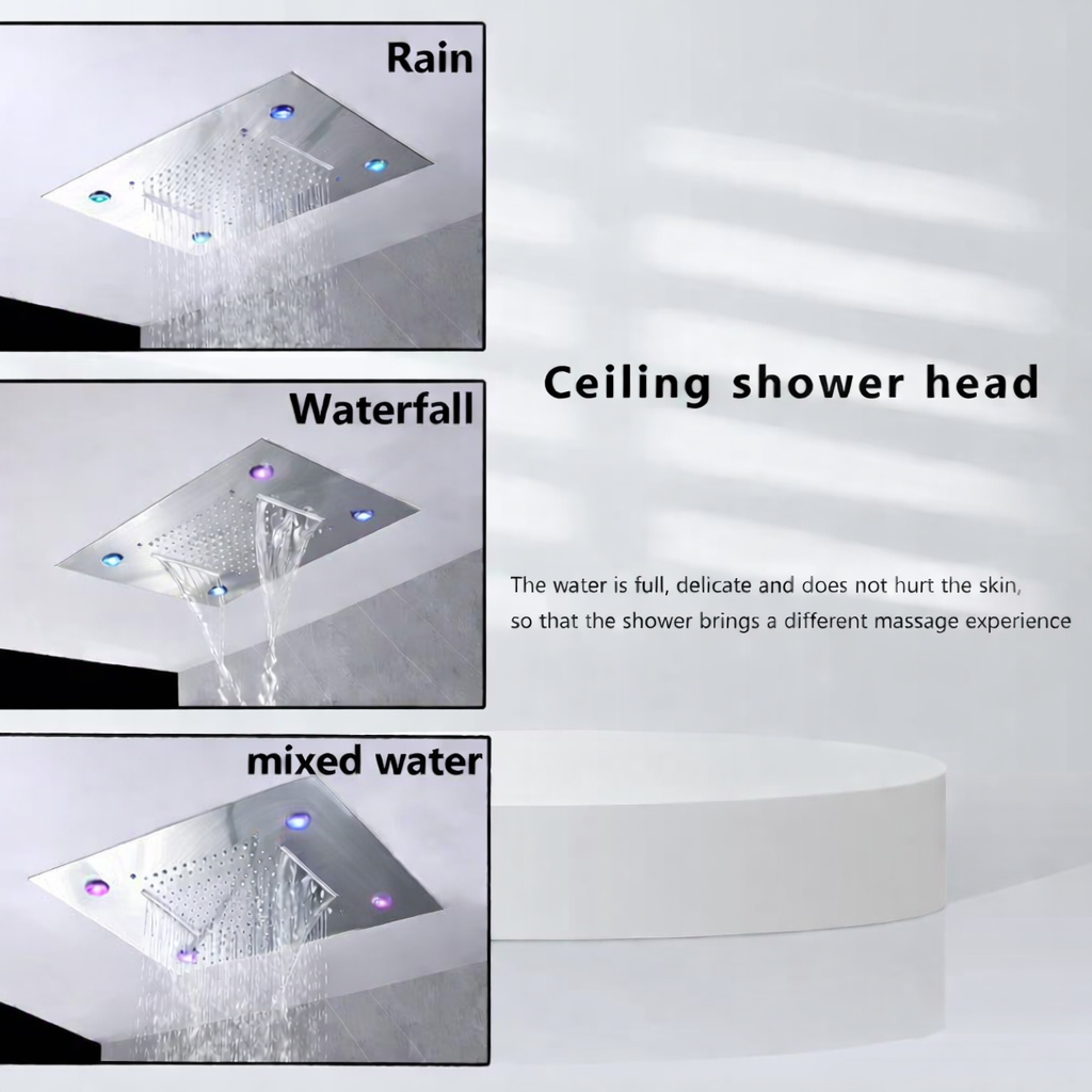 MAX Faucets Remote control for LED lighting on  chrome ceiling shower system