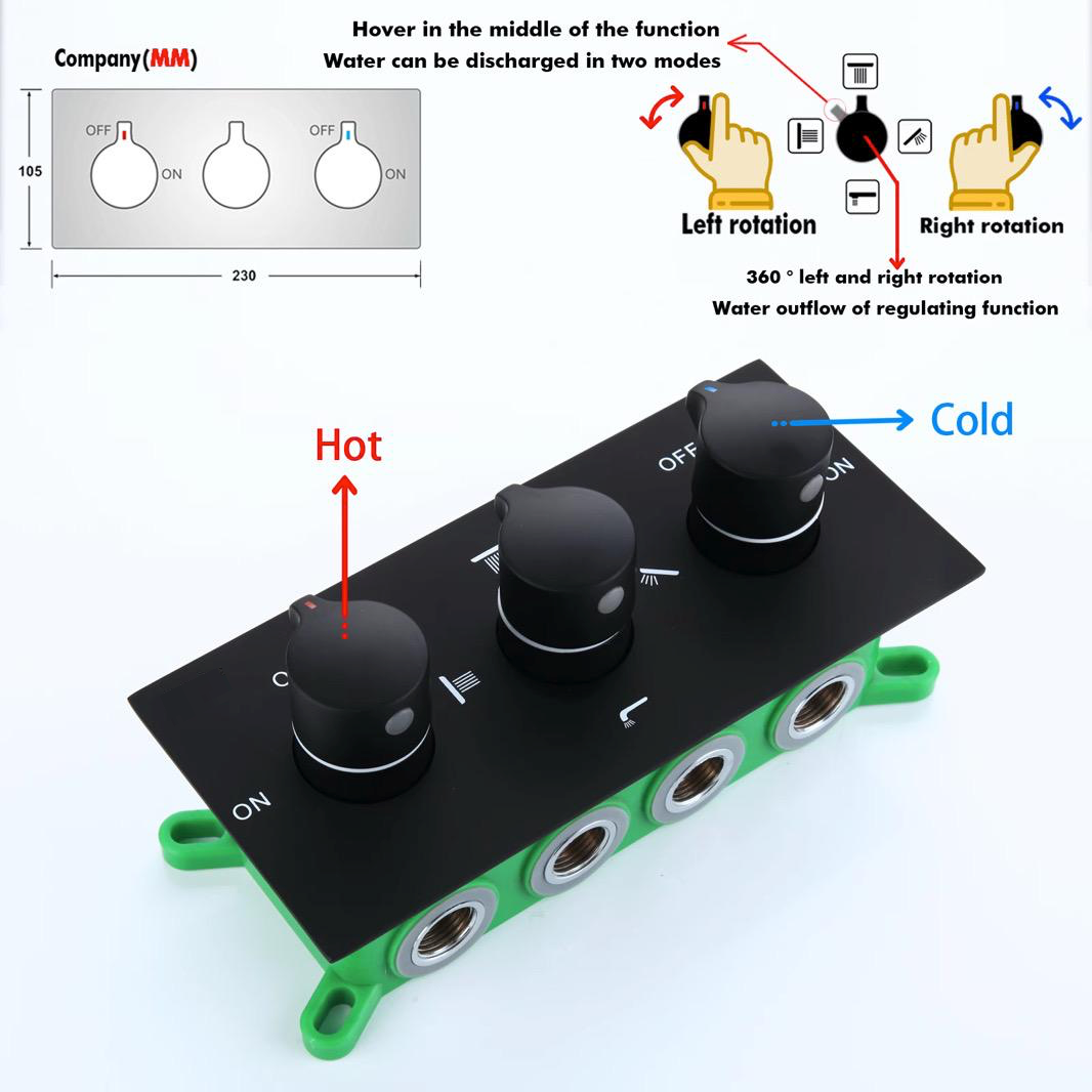 Matte black pressure balance valve with three control knobs for MAX Faucets ceiling shower system