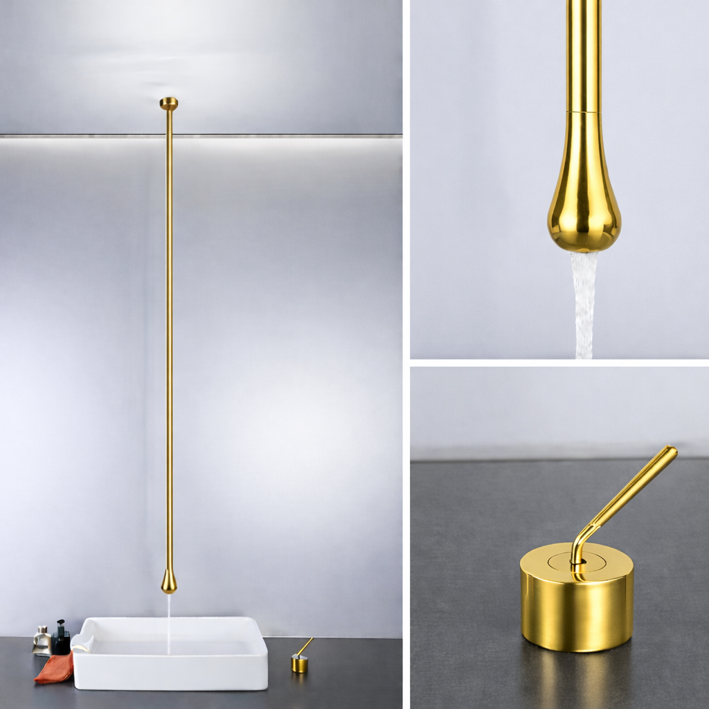MAX Faucets | Ceiling-Mounted Bathroom Faucet with Deck-Mounted Hand Control – Shiny Gold Finish