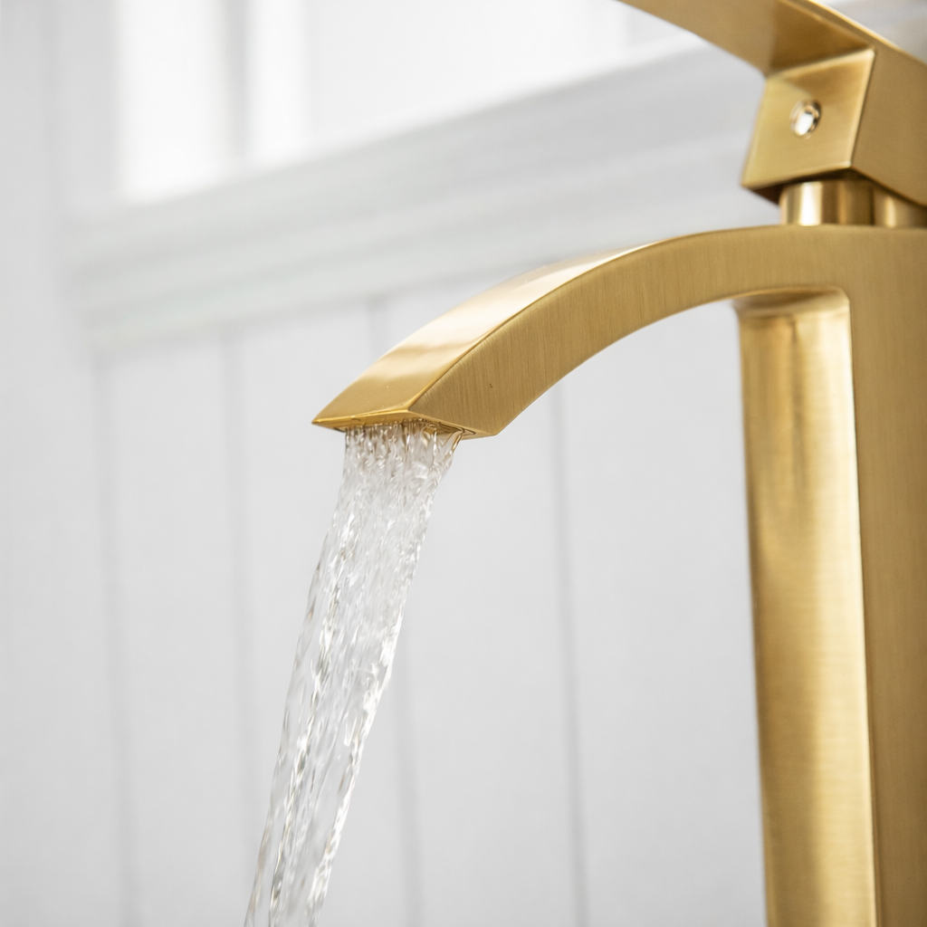Side view of MAX Faucets brushed gold waterfall bathroom faucet showing open spout