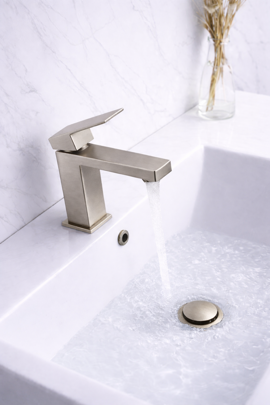 MAX Faucets single hole bathroom faucet in brushed nickel finish featuring square spout
