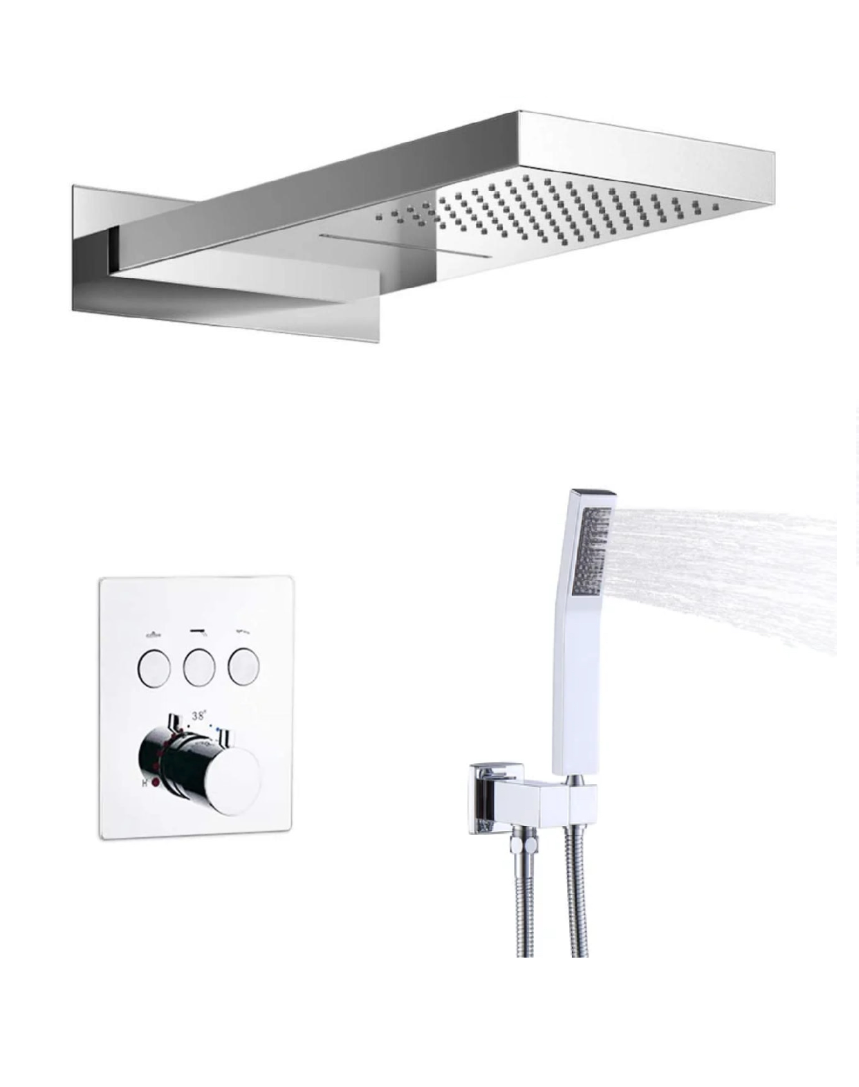 A thermostatic shower system set with a chrome finish, featuring a dual-function shower head with waterfall and rainfall options, along with a pressure balance valve and additional shower components.