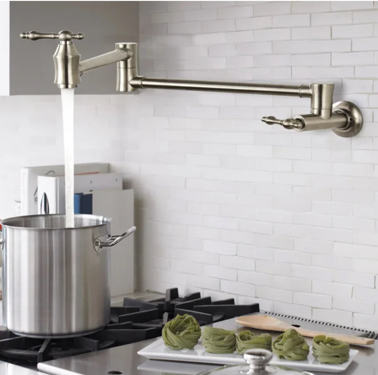 Pot Filler Faucet Double Handle Traditional Wall Mounted 27" With Accessories Brushed Nickel Finish
SKU: PF-2004-BN