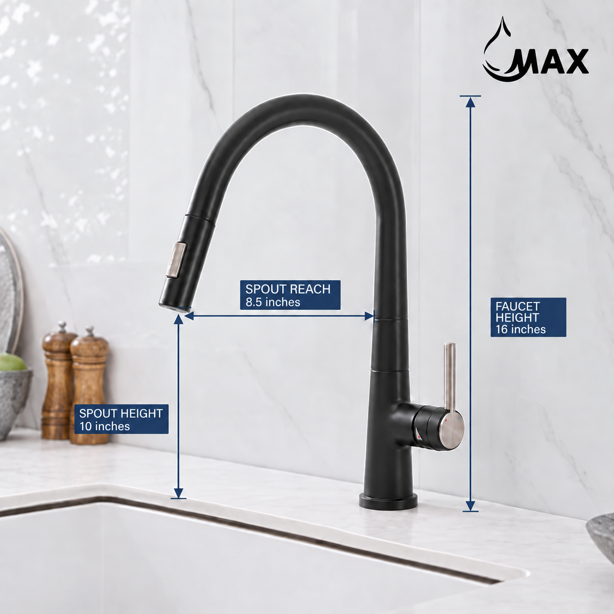 MAX Matte Black Touchless Kitchen Faucet Dimensions – 16-inch Height High Arc Spout