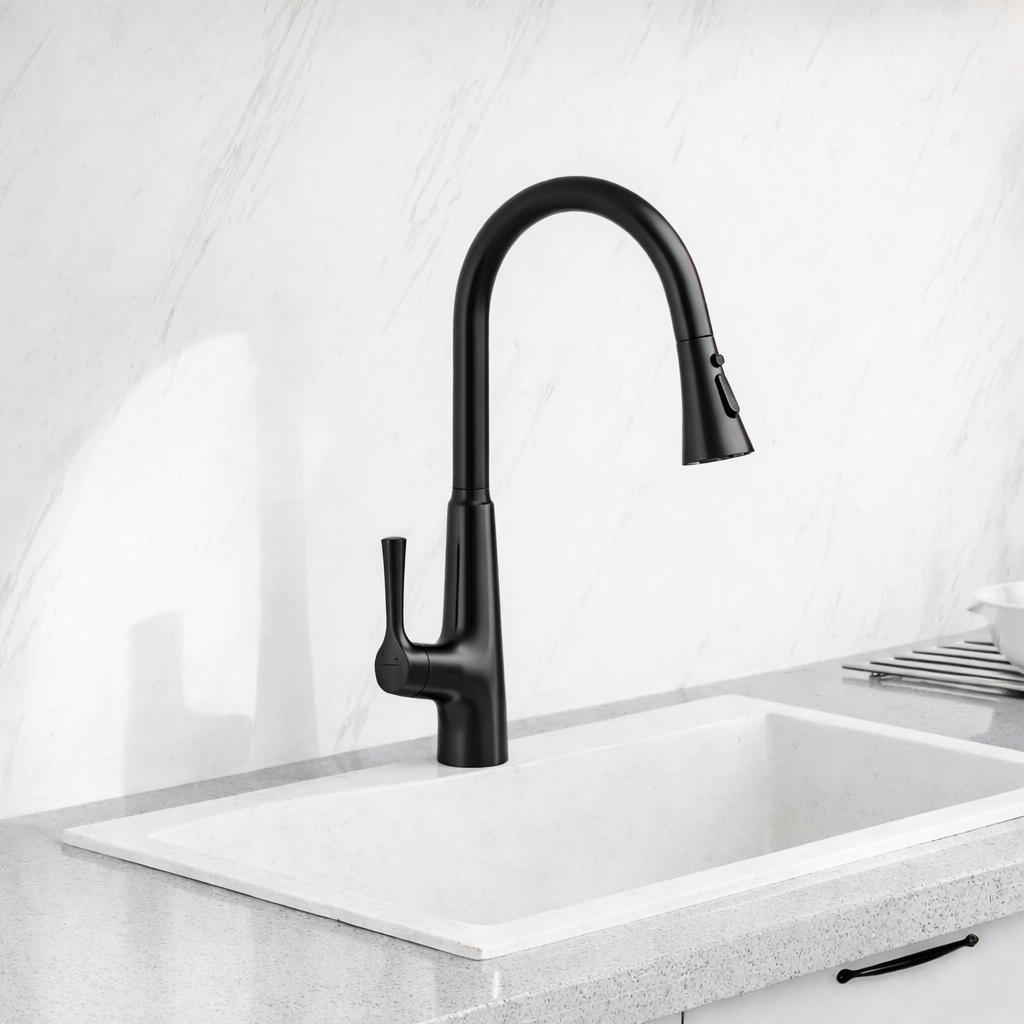 MAX Faucets 17.75-inch Matte Black Touchless Kitchen Faucet Installed in Modern Kitchen