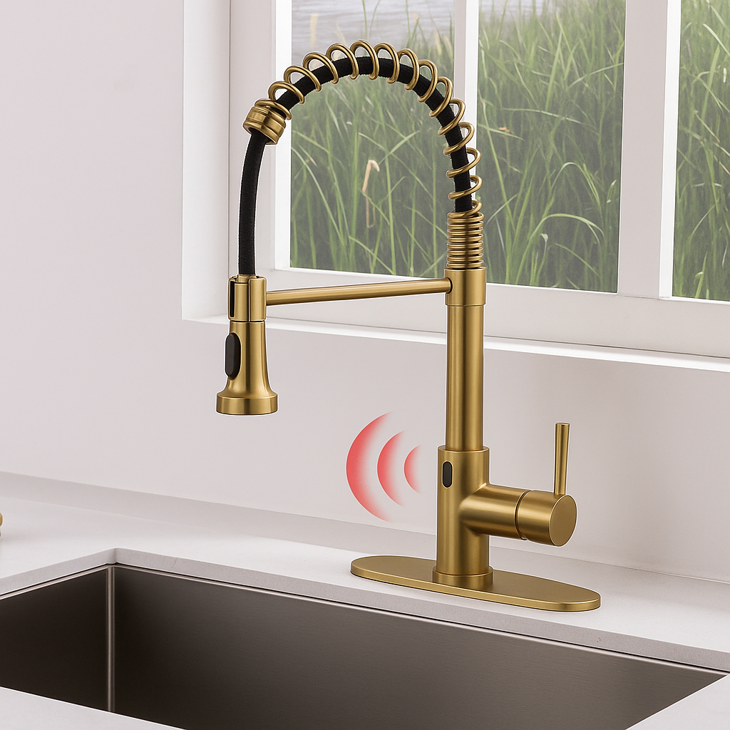 Touchless Kitchen Faucet with Pull-Out Sprayer – 19.5” High Arc Spring Spout, Brushed Gold Finish