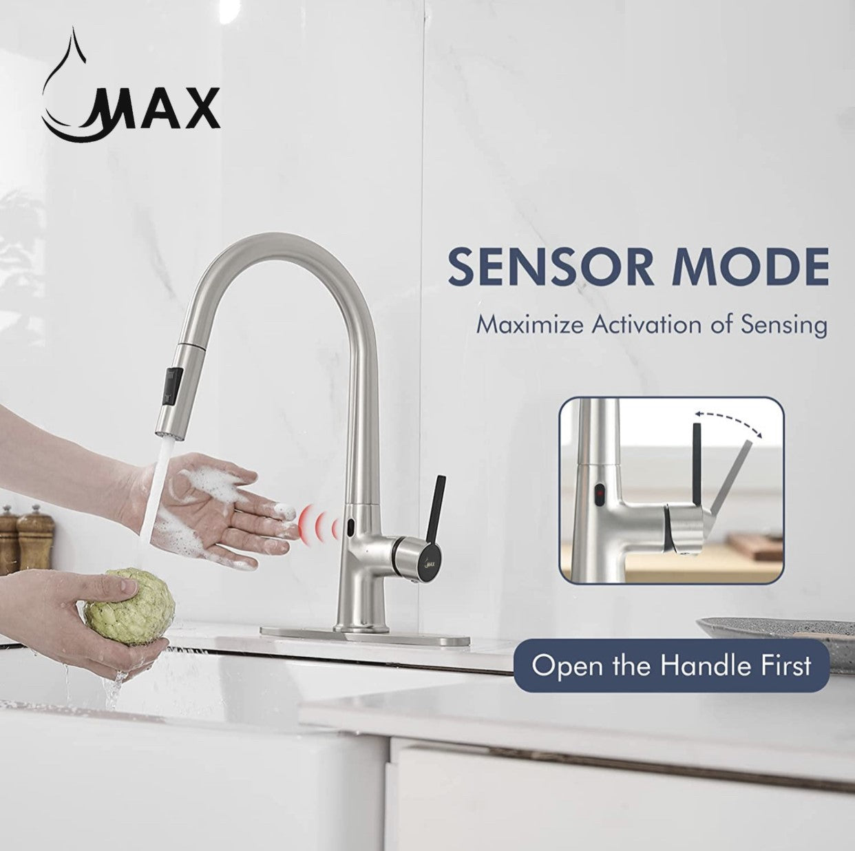 A touchless kitchen faucet with a single handle and pull-out sprayer, shown in a brushed nickel and matte black finish, installed on a kitchen counter.