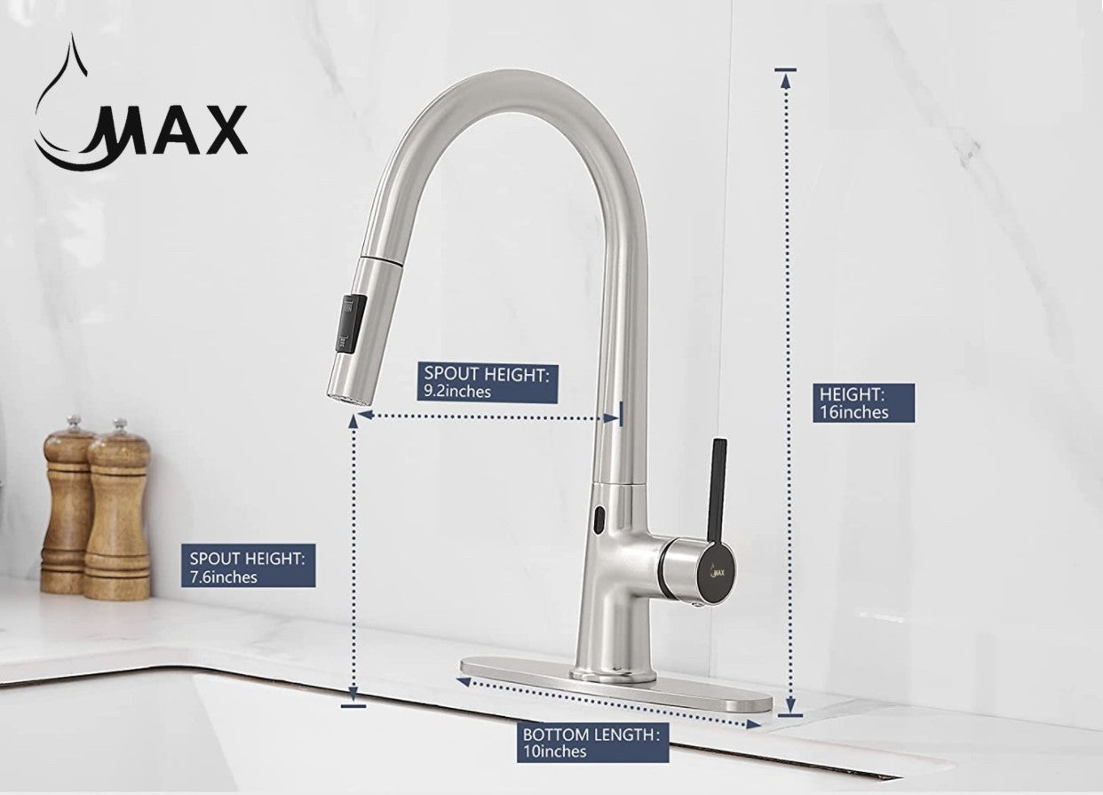 Touchless Kitchen Faucet – Smart Single Handle Pull-Out, 16” High Arc Spout, Brushed Nickel & Matte Black Finish