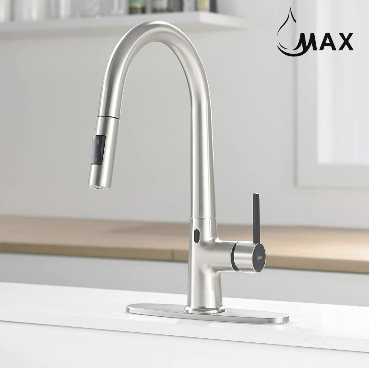 A touchless kitchen faucet with a single handle and pull-out sprayer, shown in a brushed nickel and matte black finish, installed on a kitchen counter.