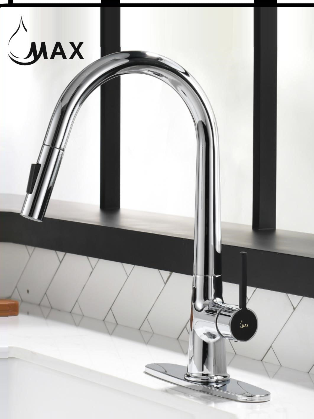A touchless kitchen faucet with a single handle and a pull-out sprayer, featuring a high-arc spout in a chrome and matte black finish.