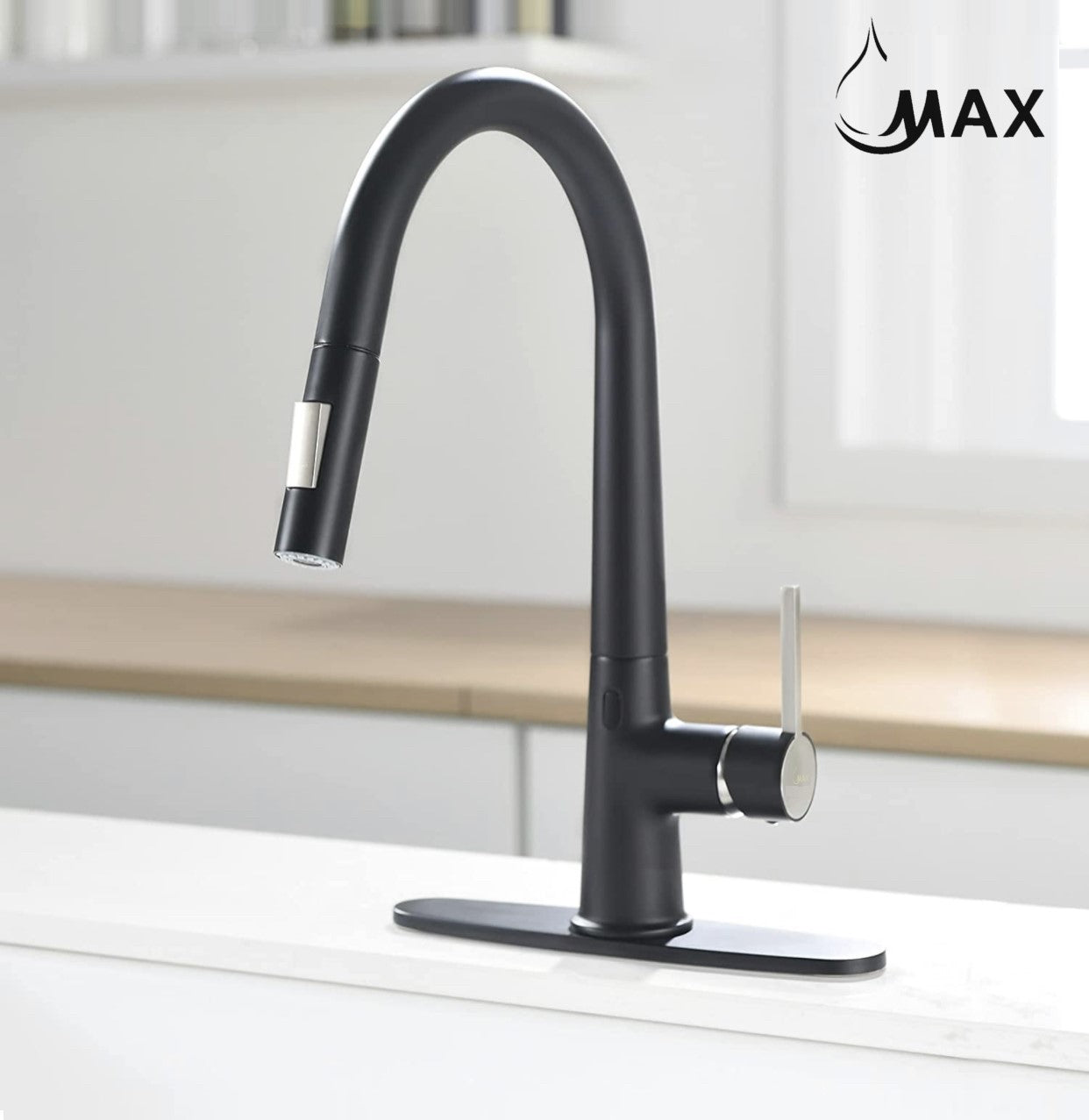 A touchless kitchen faucet with a single handle and a pull-out sprayer, shown in a Matte Black & Brushed Nickel finish, installed on a kitchen counter.
