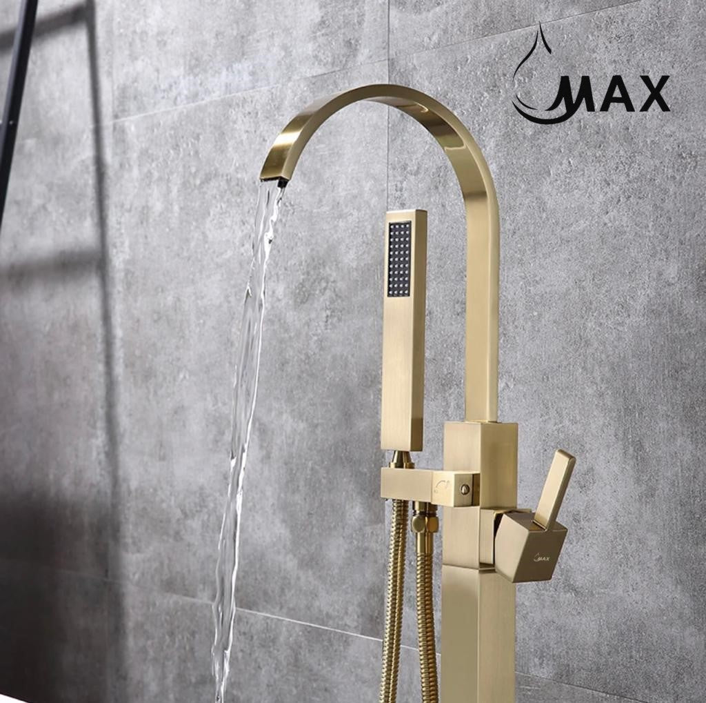 Tub Filler Faucet Floor Mounted Single Handle With Rough-in & Handheld Shower Brushed Gold Finish