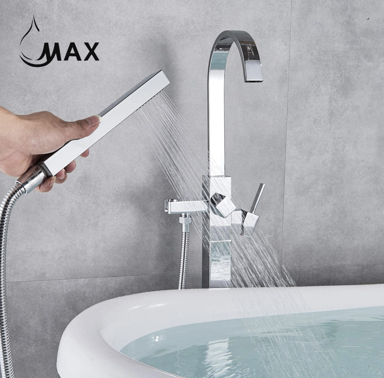 A single-handle, freestanding bathtub faucet with a high arc spout and a handheld shower, finished in chrome.
