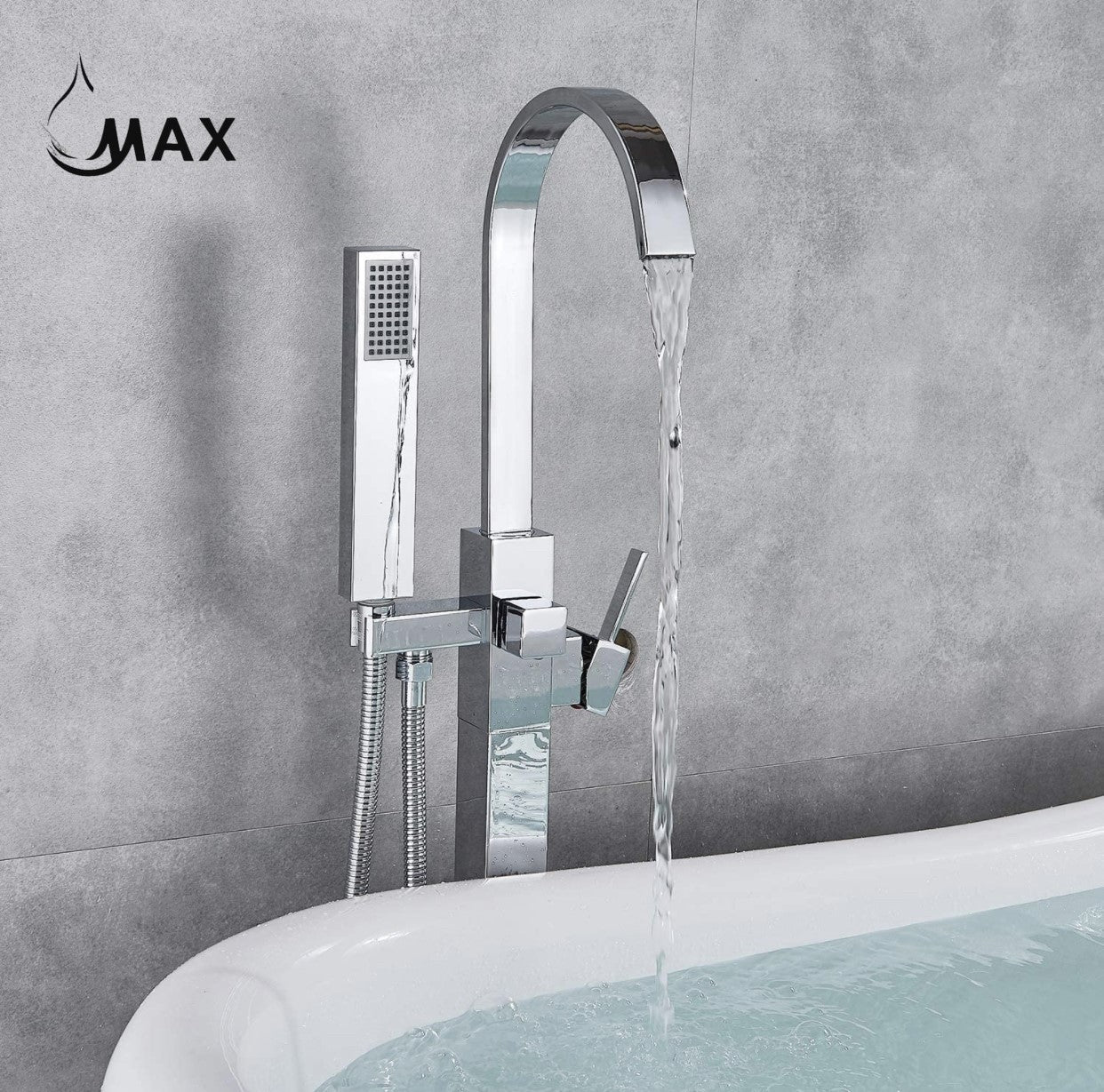 A single-handle, freestanding bathtub faucet with a high arc spout and a handheld shower, finished in chrome.